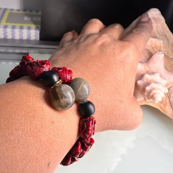 LABRADORITE + CINNABAR NATURAL CUFF BRACELET size 7” - Picture 10 of 13